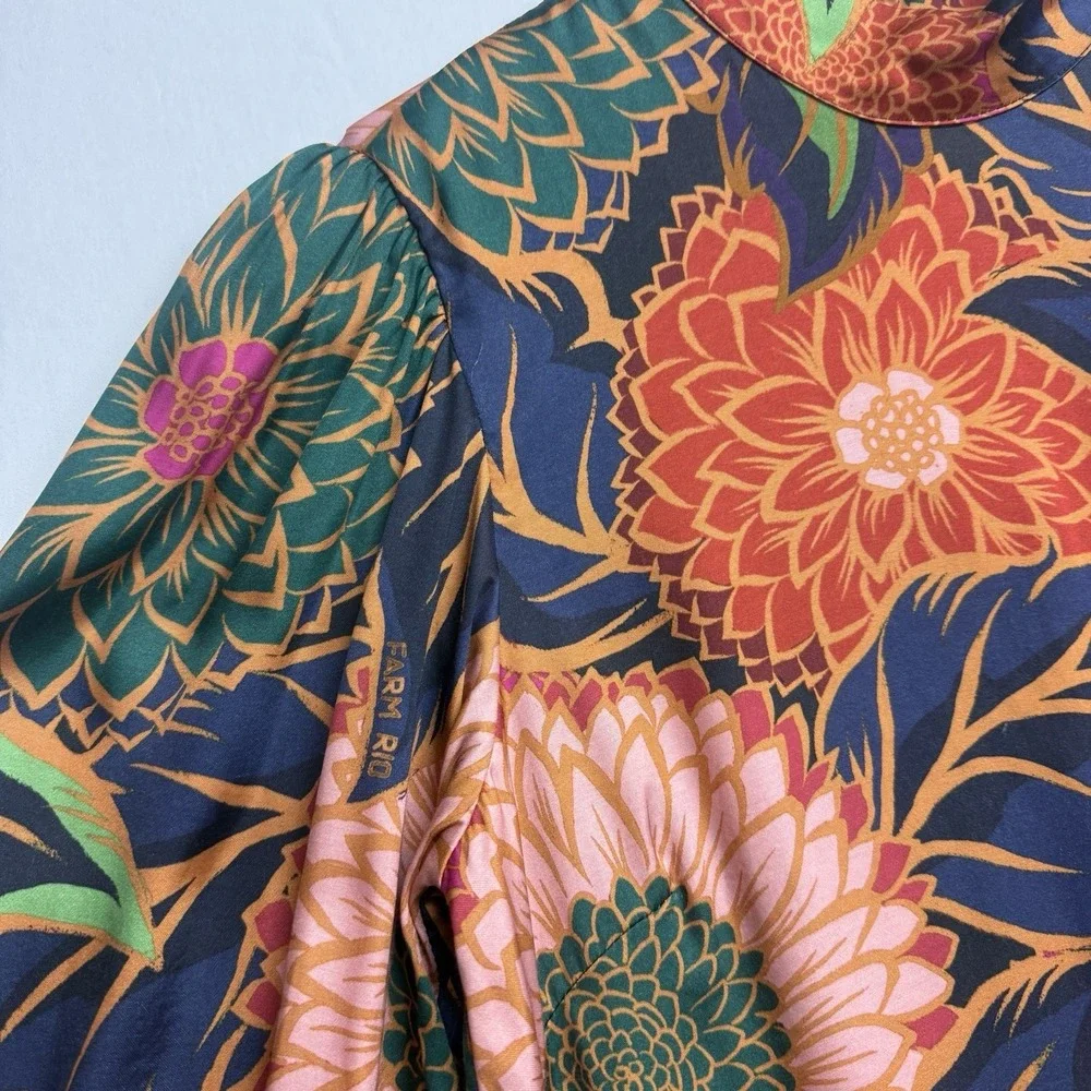 Farm Rio Floral Blouse XS Brazilian Designer Mock Neck Puff Sleeve Boho Statemen